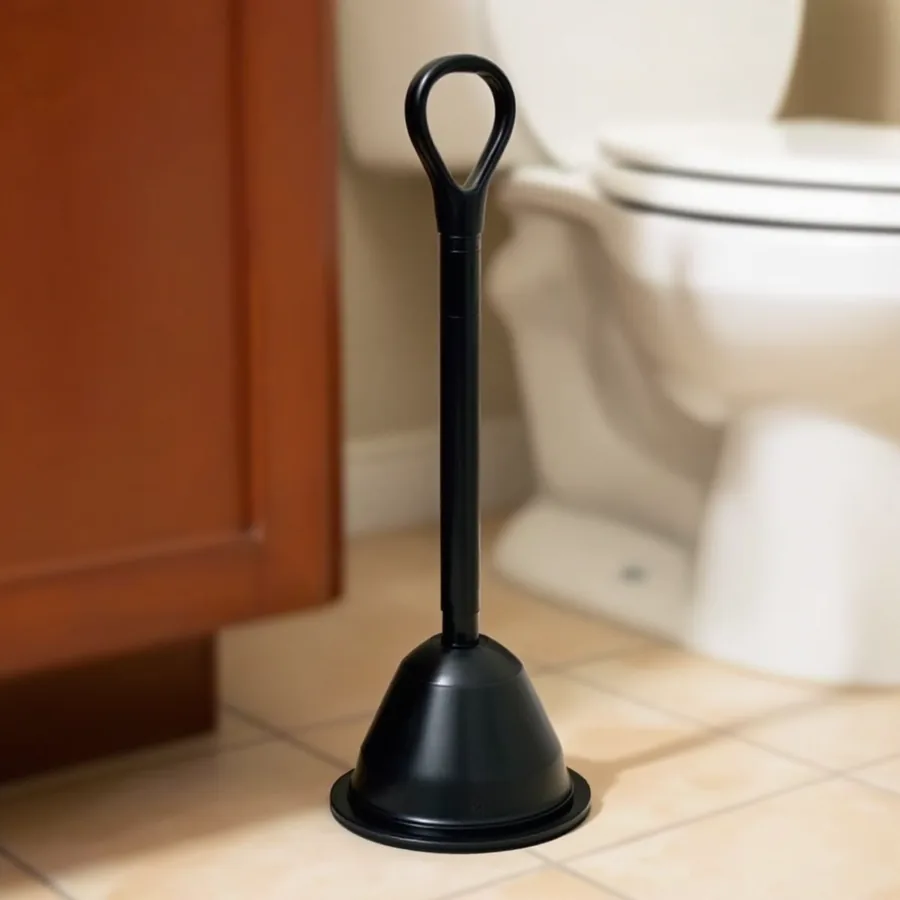 Black rubber plunger with a folded inner flange standing upright on a bathroom tile floor beside a white toilet base