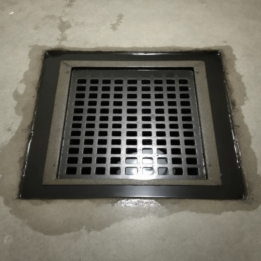 Square cast iron floor drain grate in a concrete basement floor with dark grey water standing above the grate and spreading across the floor