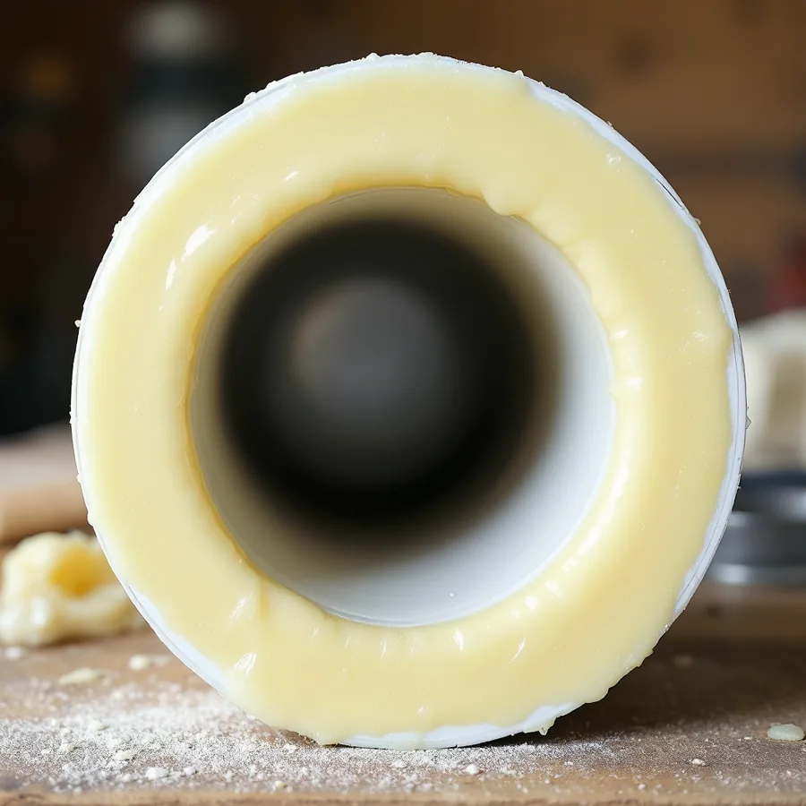 Short cut section of white plastic drain pipe seen end-on, its bore almost closed by a thick smooth pale yellow ring of hardened fat