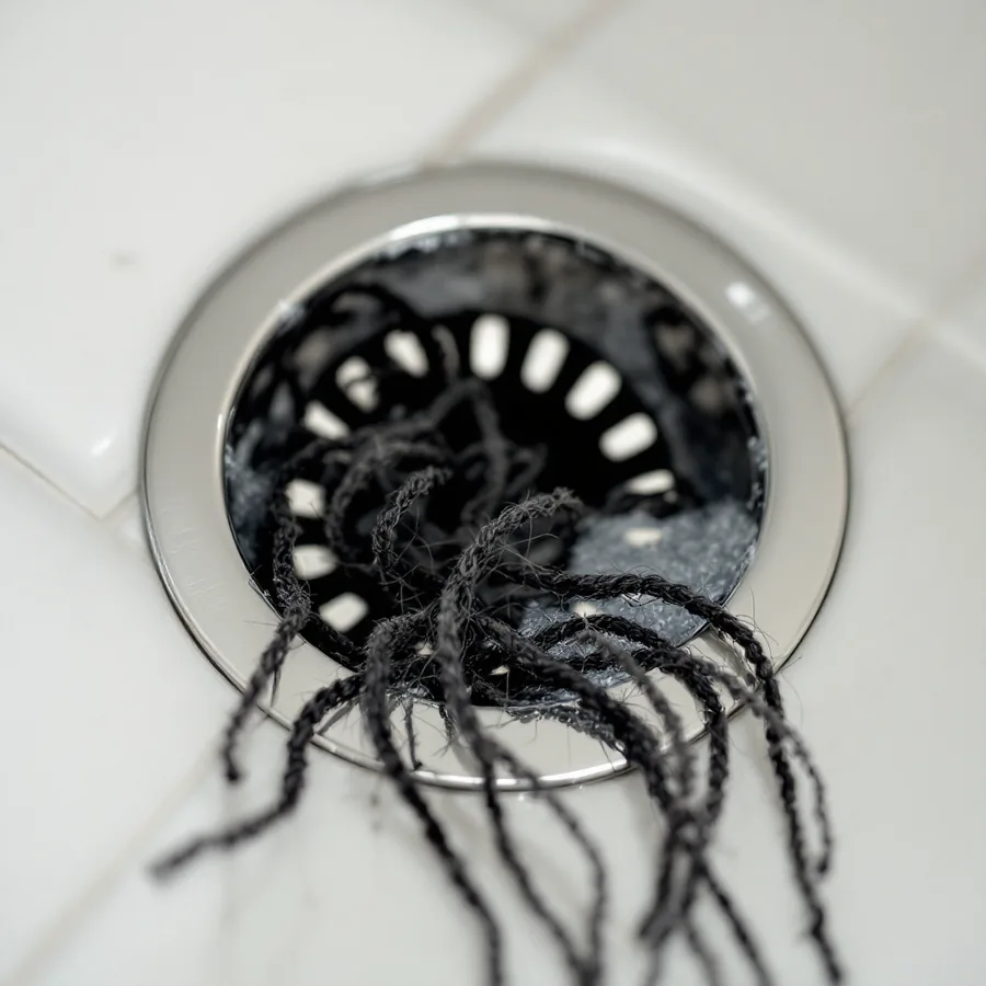 Round chrome shower drain strainer lifted out and set on white tile beside its opening, a dark tangled rope of hair and grey soap residue hanging from its underside