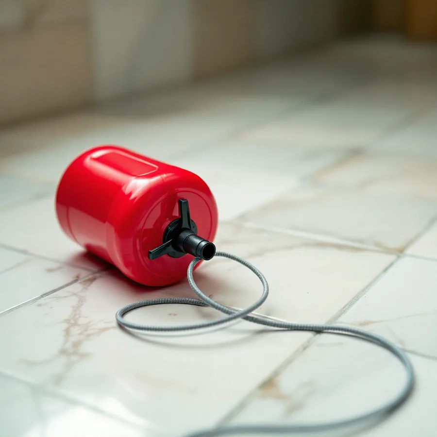 Small red plastic drum with a black crank handle lying on a bathroom floor, a thin grey steel cable emerging from its nozzle in loose loops on the tiles