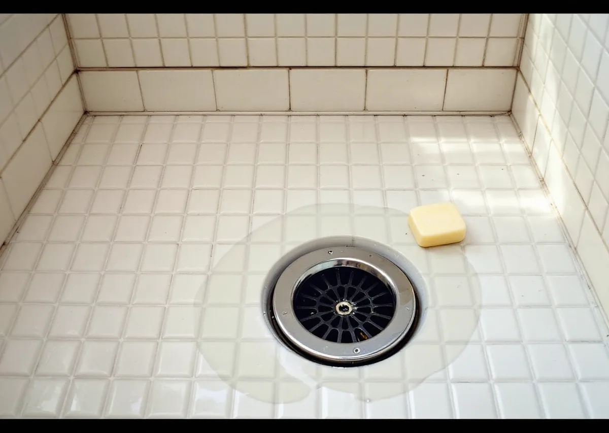 White tiled shower floor with a few inches of standing water around a round chrome drain grate, a bar of soap in the corner