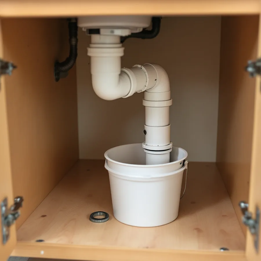 White plastic U-shaped trap disconnected and lying in a small bucket under a bathroom sink, the two open pipe ends above it, a slip nut and washer on the cabinet floor