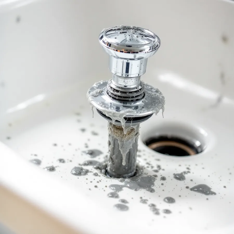 Chrome pop-up sink stopper pulled out of a white basin and laid on the counter, its lower stem wrapped in grey slime and hair, the open drain beside it