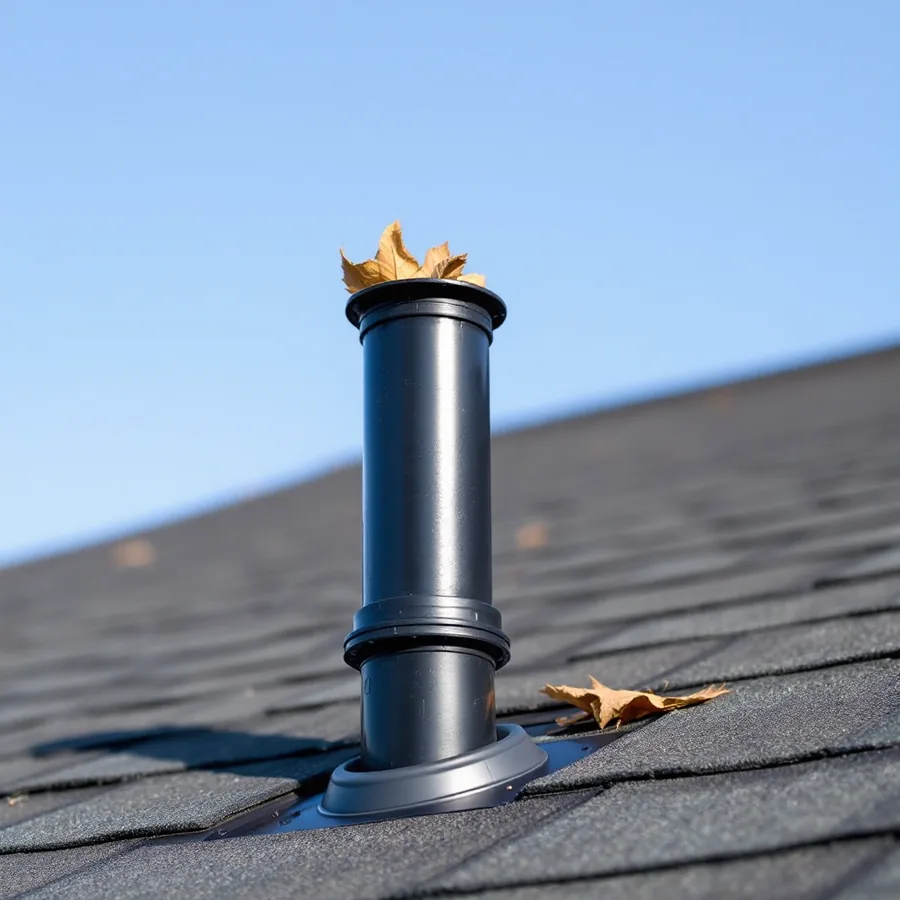 Short black plastic pipe rising through grey asphalt roofing with a rubber flashing boot at its base and a few dry leaves caught at its open top