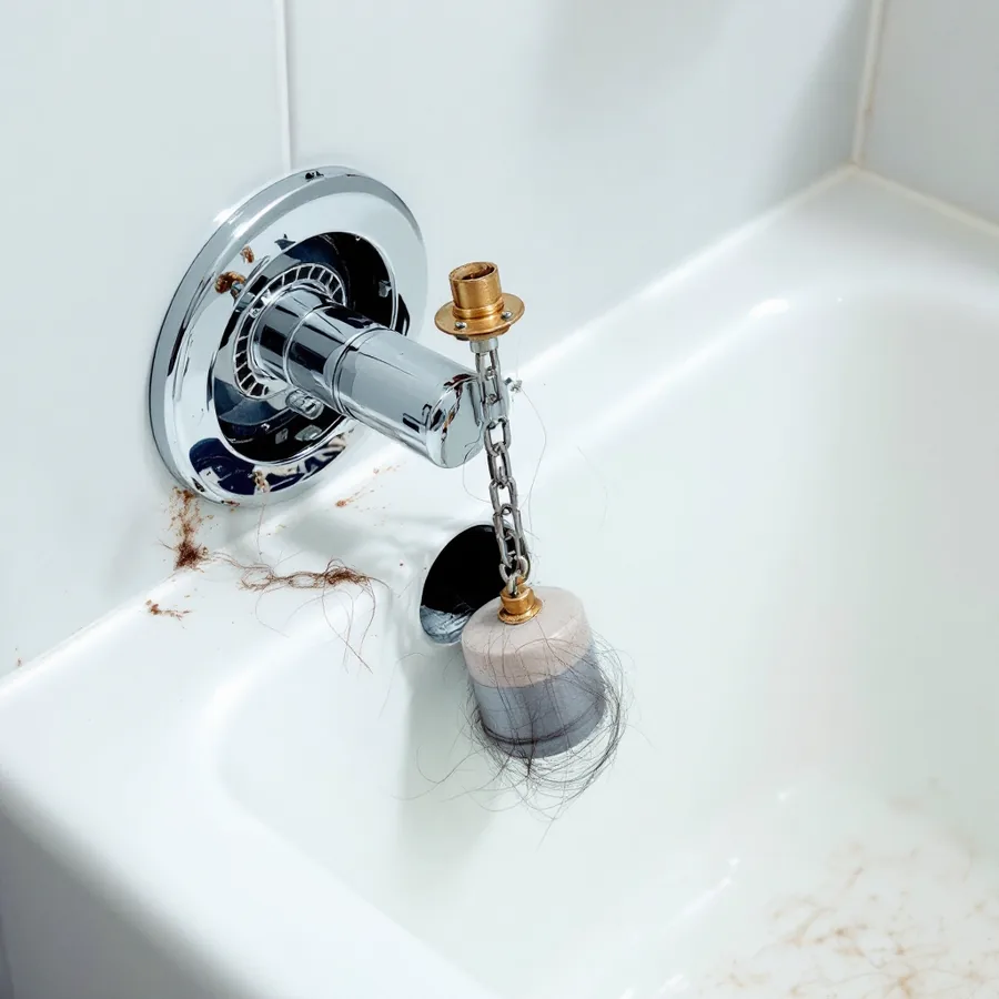 Chrome overflow plate removed from the end wall of a white bathtub with a long brass linkage and cylindrical weight pulled out through the opening and resting on the tub edge