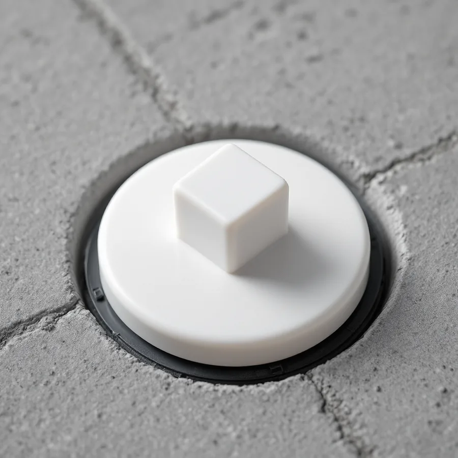 Flat round white plastic screw cap set flush into a grey concrete basement floor with a square nub in its centre