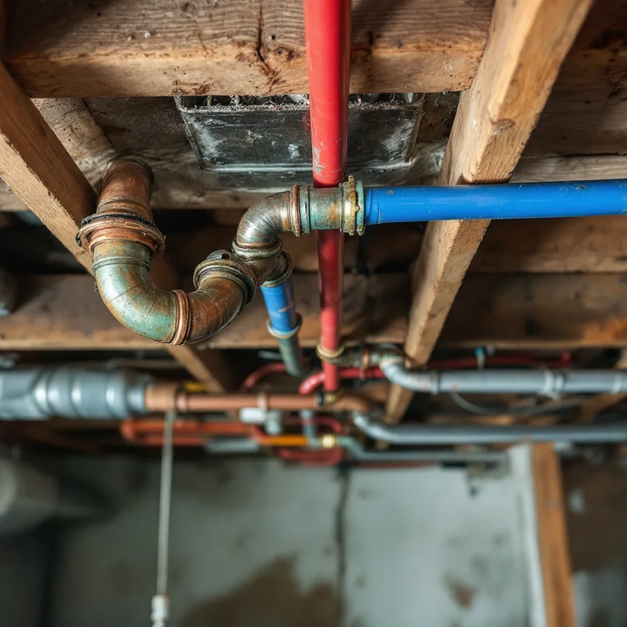 Basement ceiling with old green tinged copper pipes running beside new red and blue plastic tubing along wooden joists