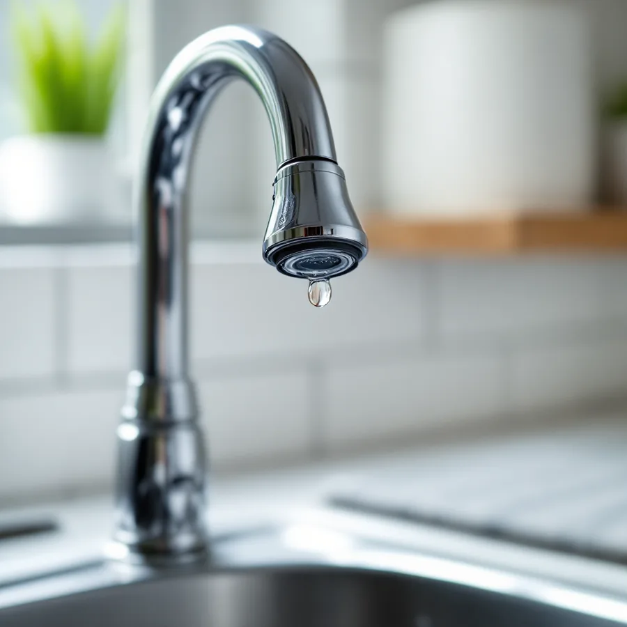 Chrome kitchen faucet spout with a single drop of water hanging from it above a stainless steel sink