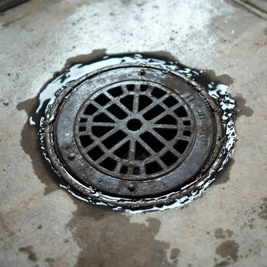 Round cast iron floor drain grate set into a concrete basement floor with a dark water stain around it