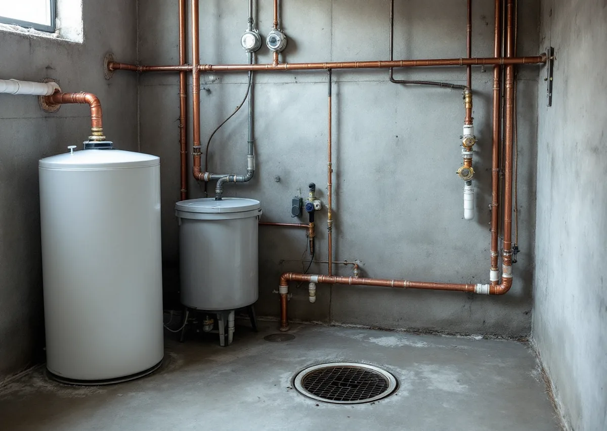 Residential basement mechanical corner with a white water heater tank, copper and
              plastic pipes along a concrete wall, and a round floor drain in the concrete