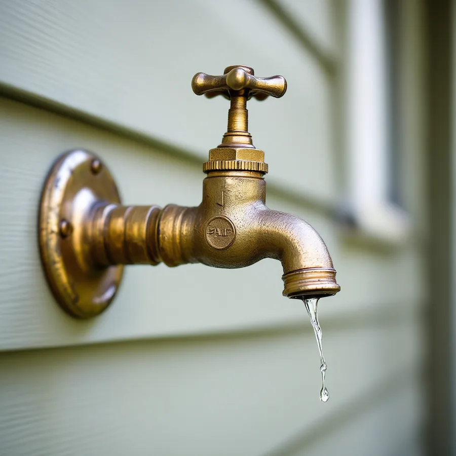Brass outdoor garden tap with a round handle on the siding of a house with a drip forming at its spout