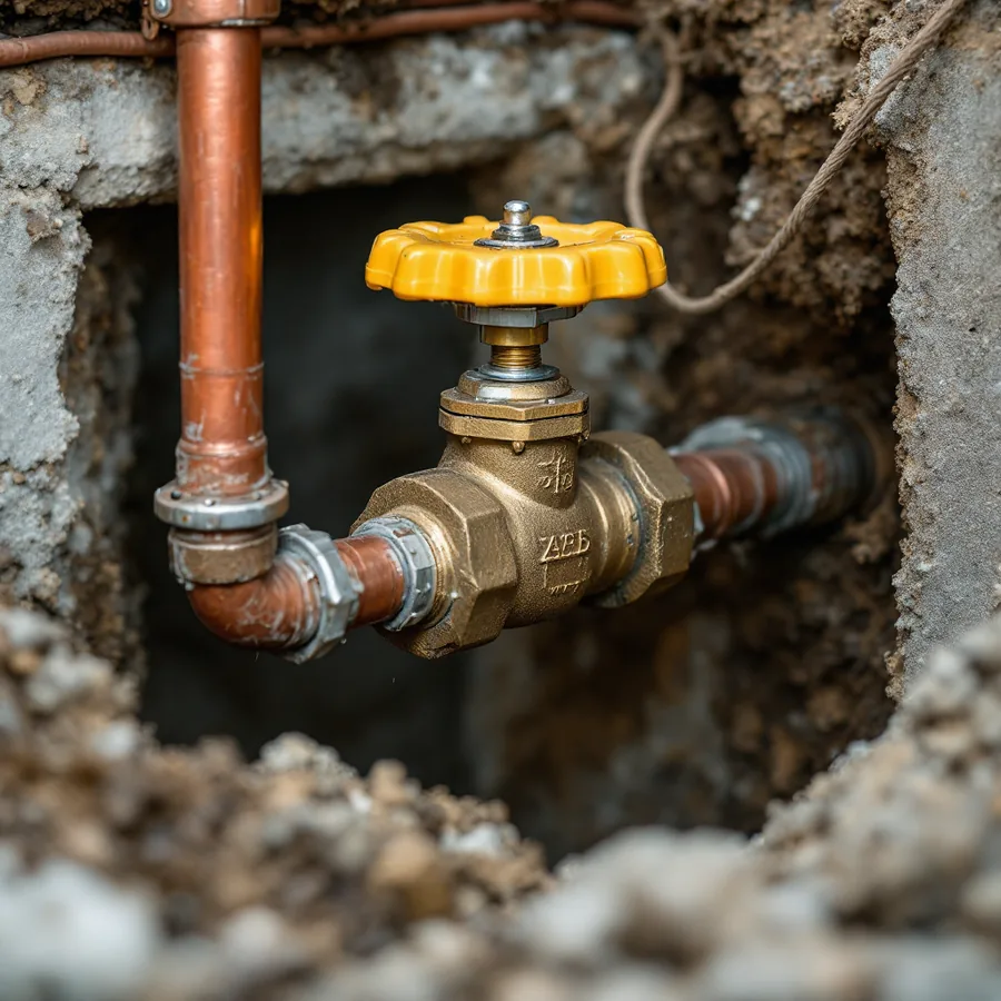 Brass gate valve with a yellow wheel handle on a copper water line where it enters through a foundation wall