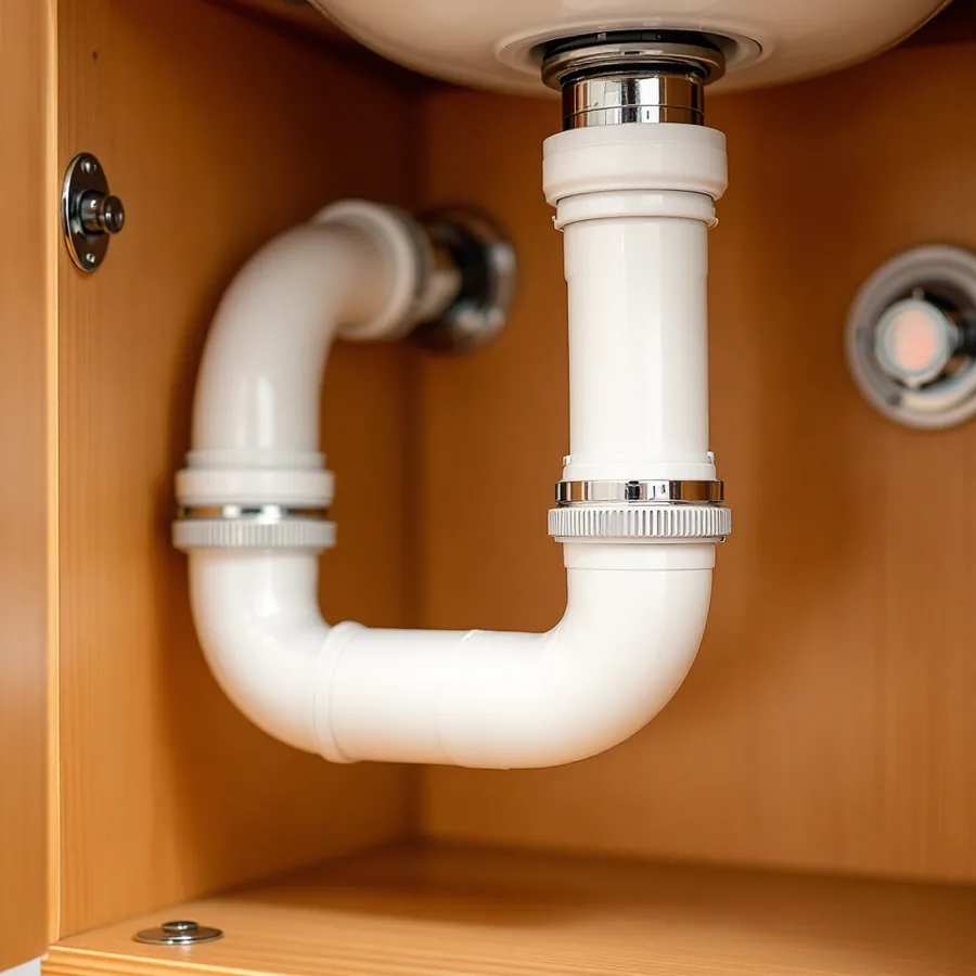 Smooth white plastic drain pipe under a bathroom sink bending into a U shape inside a wooden vanity cabinet
