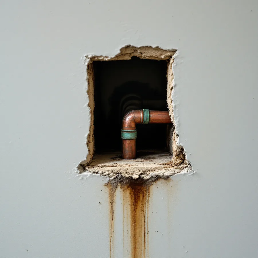 Small opening cut in painted drywall revealing a copper pipe with a green corroded joint and a dark water stain on the wall below