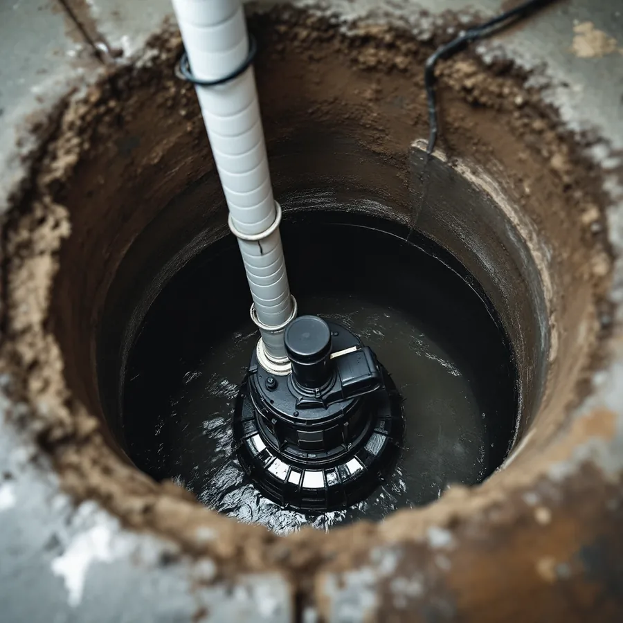 Open round sump pit in a basement floor with a black submersible pump and a white discharge pipe rising from it