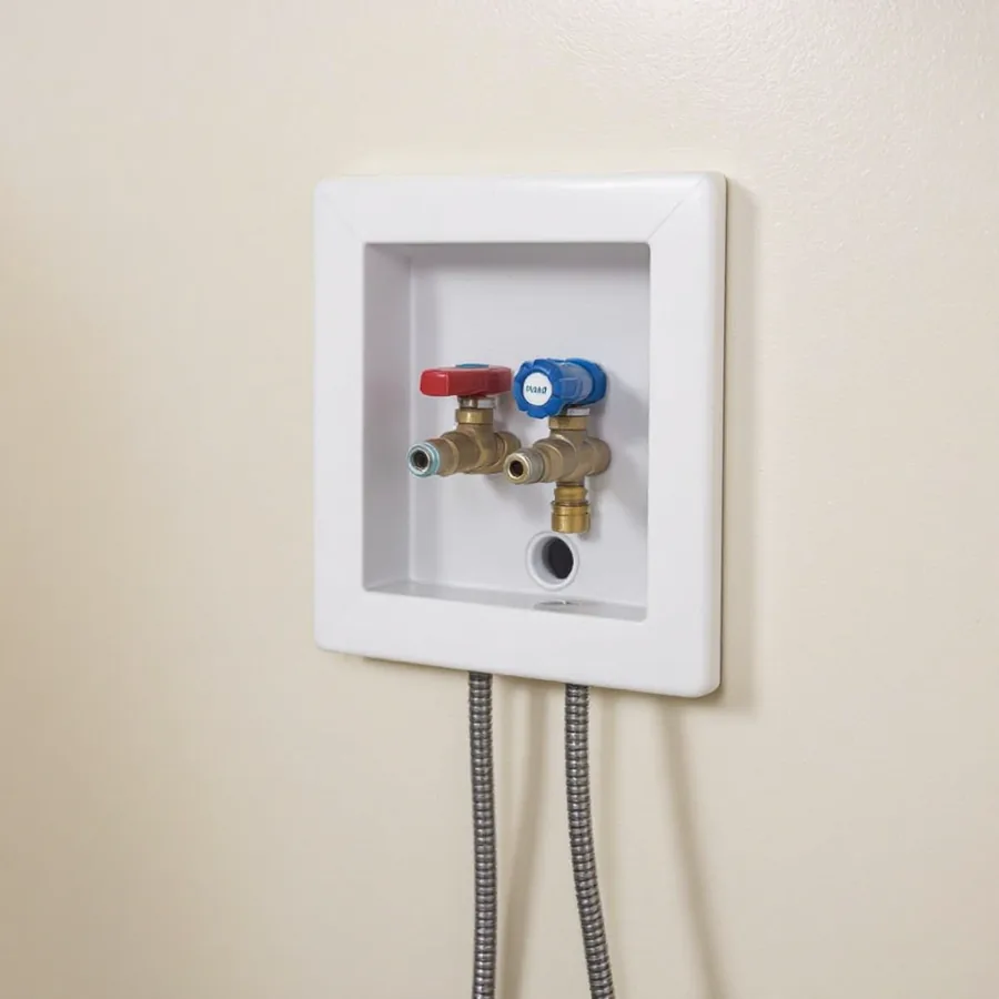 White recessed laundry box in a wall with a red and a blue lever valve and two braided stainless steel hoses hanging from them