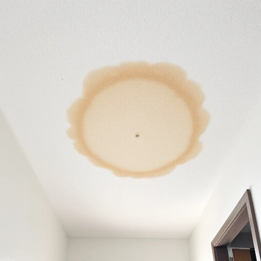 White plastered ceiling with a brown-edged tan water stain the size of a dinner plate and a faint bulge at its centre
