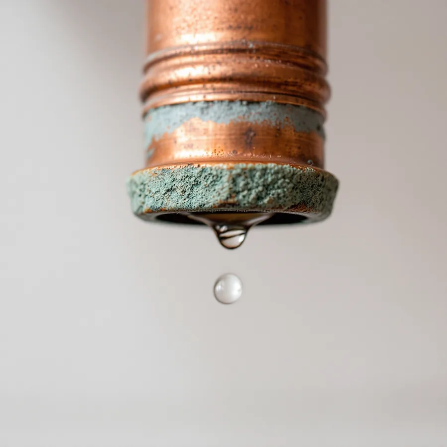 Lower end of a vertical copper pipe with a green-crusted brass fitting and a single clear drop of water forming at its bottom edge