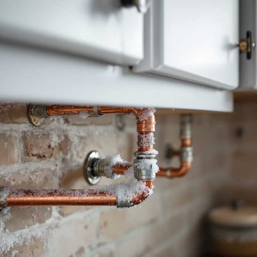Copper pipes under a kitchen cabinet against a brick exterior wall coated with white frost crystals, cabinet door open
