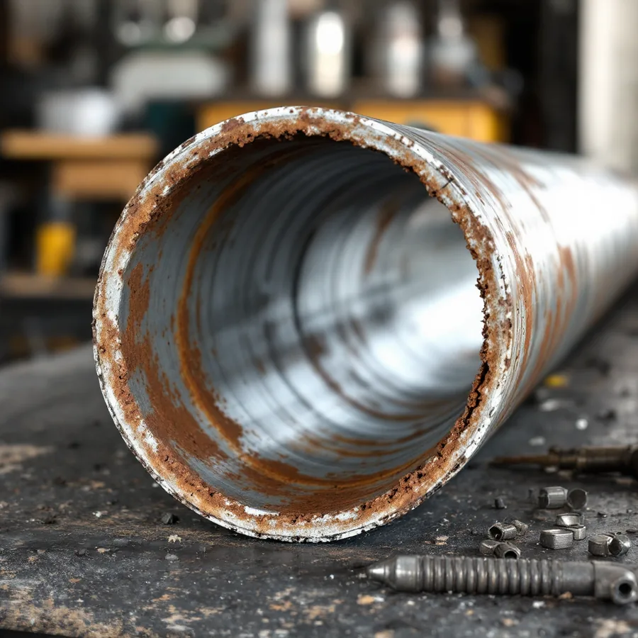Cut section of old grey galvanized steel pipe on a workbench with its bore lined and narrowed by rust-brown scale