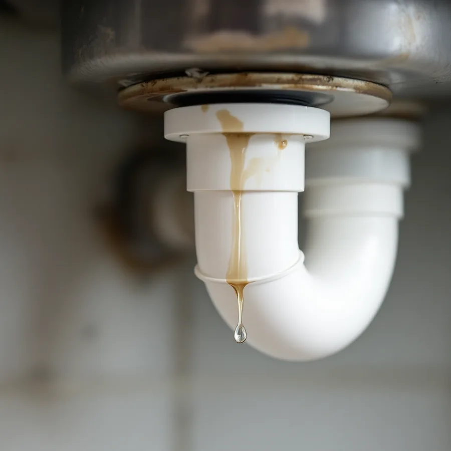 White plastic drain pipe fitting under a sink with a brown wet streak running down from the joint and a drop forming at its lowest point