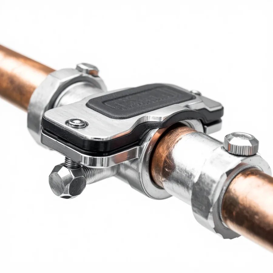Two-piece stainless steel repair clamp with a black rubber pad bolted around a copper pipe