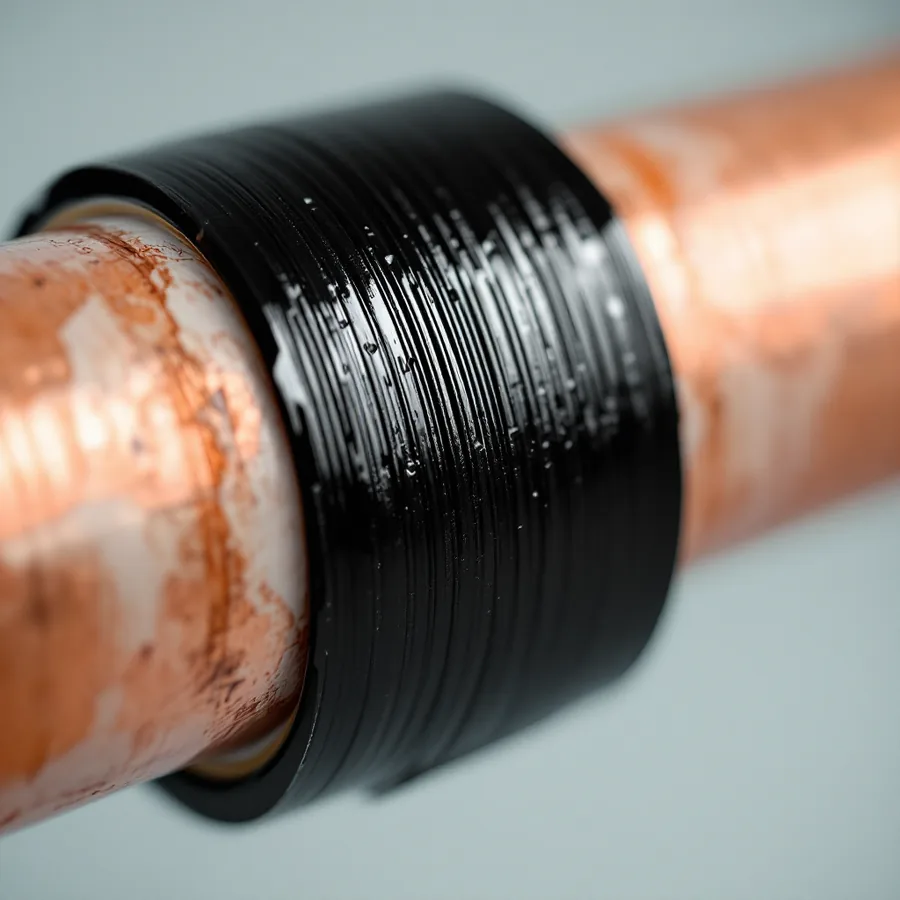 Black self-fusing silicone tape wrapped tightly in overlapping turns around a section of copper pipe