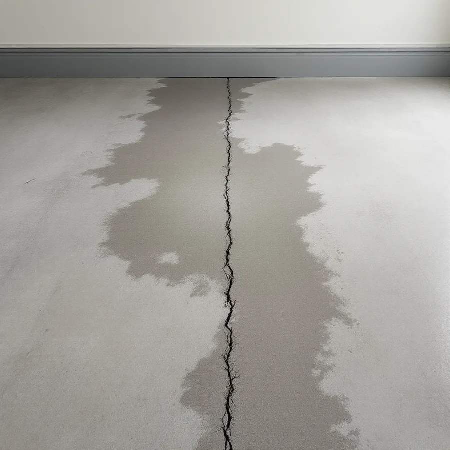 Bare concrete floor in an empty room with an irregular dark damp patch spreading from a hairline crack