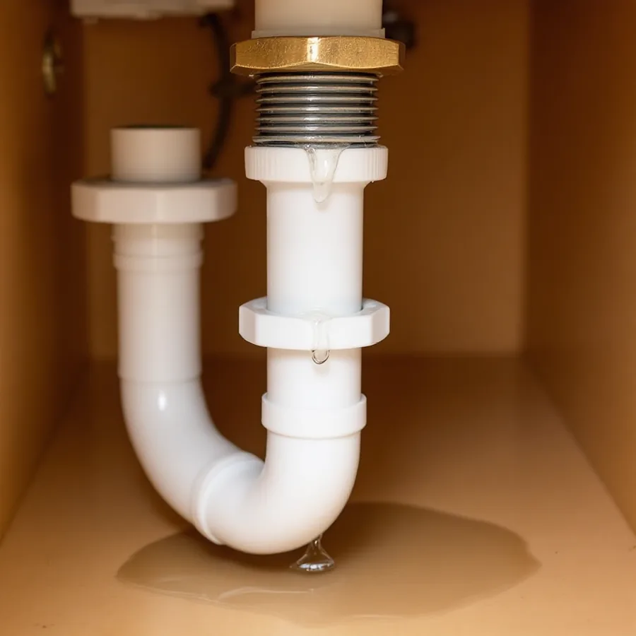 White plastic sink trap under a vanity with a bead of water forming on the threaded slip nut where the trap meets the tailpiece and a small puddle on the cabinet floor