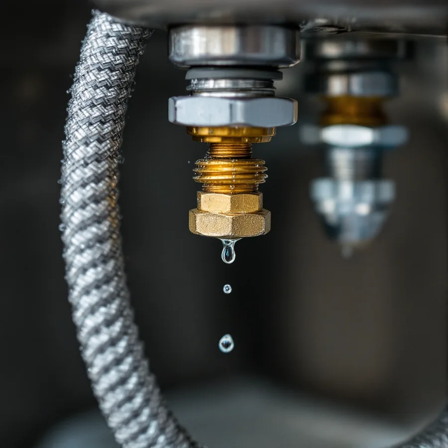 Braided stainless steel flexible supply hose under a sink with drops of water forming on the brass nut where it meets a chrome shut-off valve