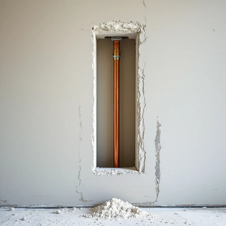 Neat rectangular opening cut in a painted drywall wall revealing a vertical copper pipe with a new soldered coupling, a pile of drywall dust on the floor below
