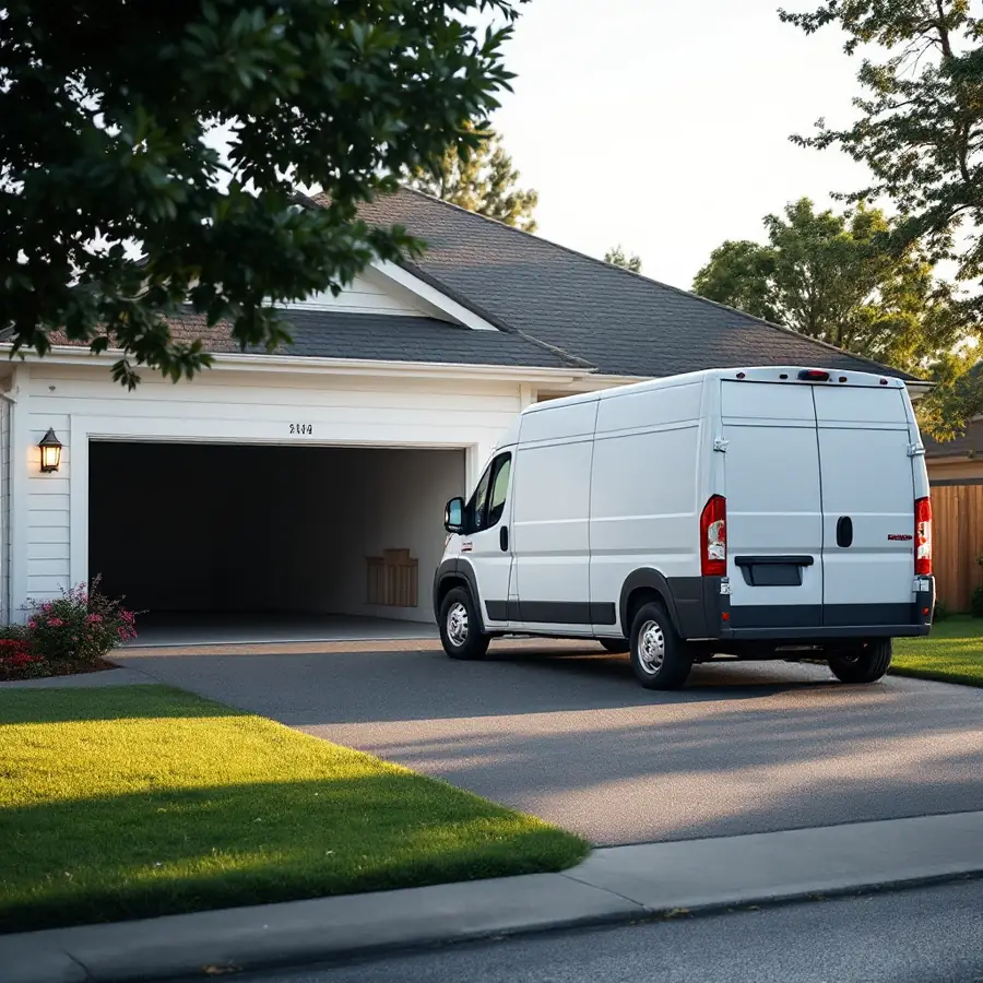 Plain white work van backing into the driveway of a suburban house in early morning light with the garage door half open