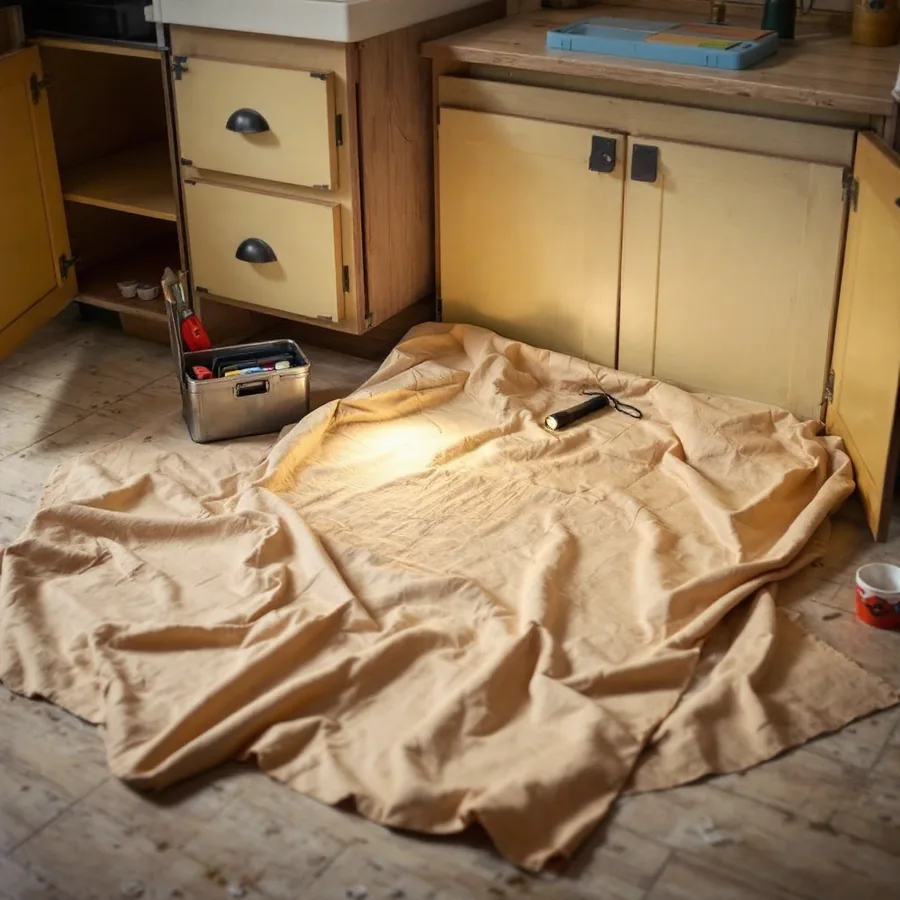 Beige canvas drop cloth spread on a kitchen floor in front of an open sink cabinet with a small open metal toolbox and a flashlight on it
