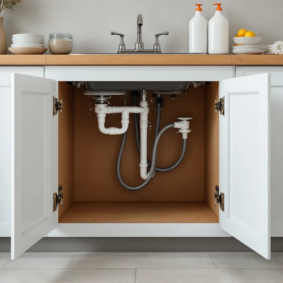 Open cabinet under a kitchen sink emptied of everything, the white plastic trap and braided supply lines fully visible, bottles standing on the counter above