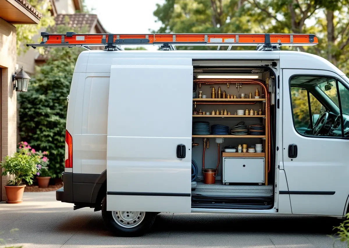Plain white work van parked in a suburban driveway with its side door open, interior shelves stacked with brass fittings, valves and coiled hoses, a ladder on the roof rack