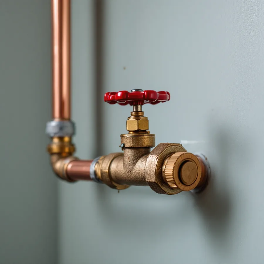 Copper water pipe entering a plain painted wall with a brass valve with a round red wheel handle in the line