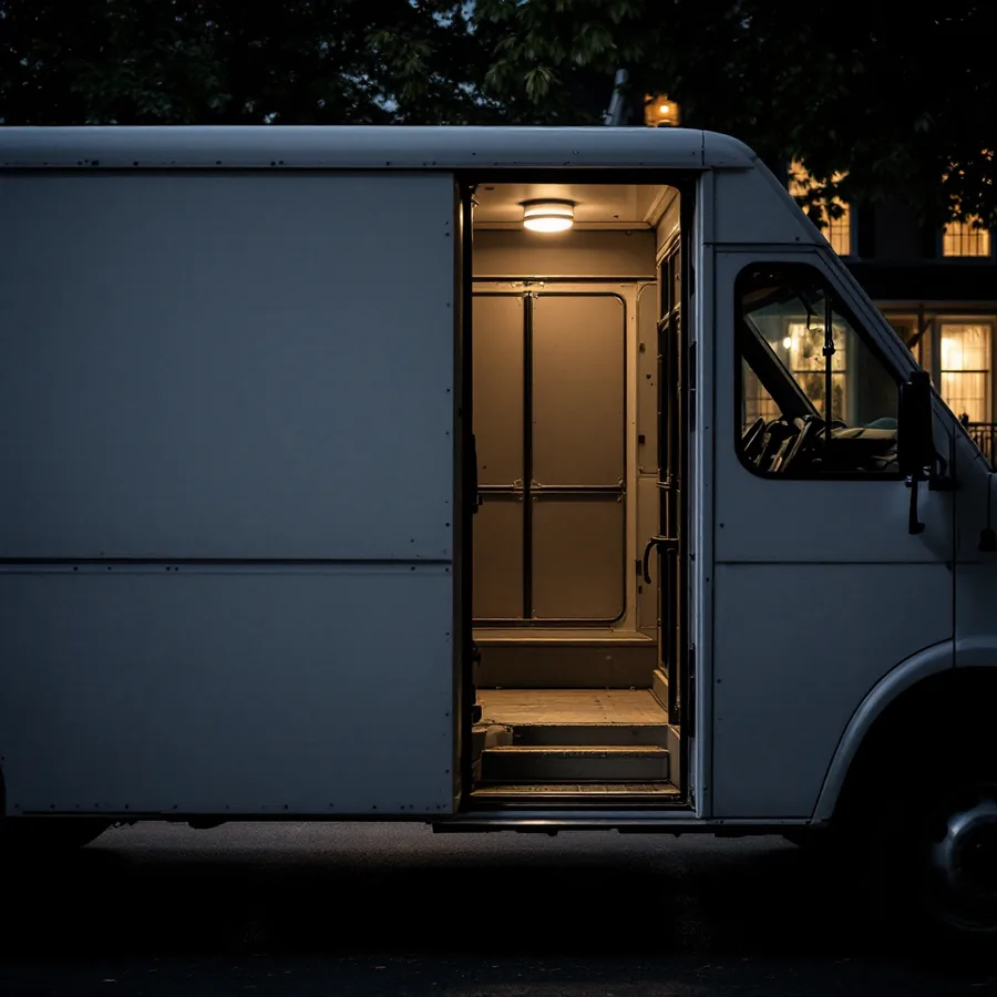 Plain white work van at the curb of a dark street at night with its side door open and interior light on, a house lit behind it