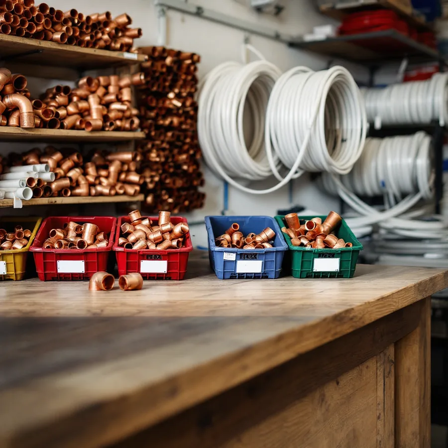 Plumbing supply house counter with bins of copper fittings, shelves of copper stock and coils of white tubing on the wall behind