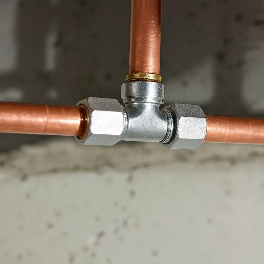 Two copper pipes joined by a stainless steel compression tee fitting with hexagonal nuts, mounted against a basement wall