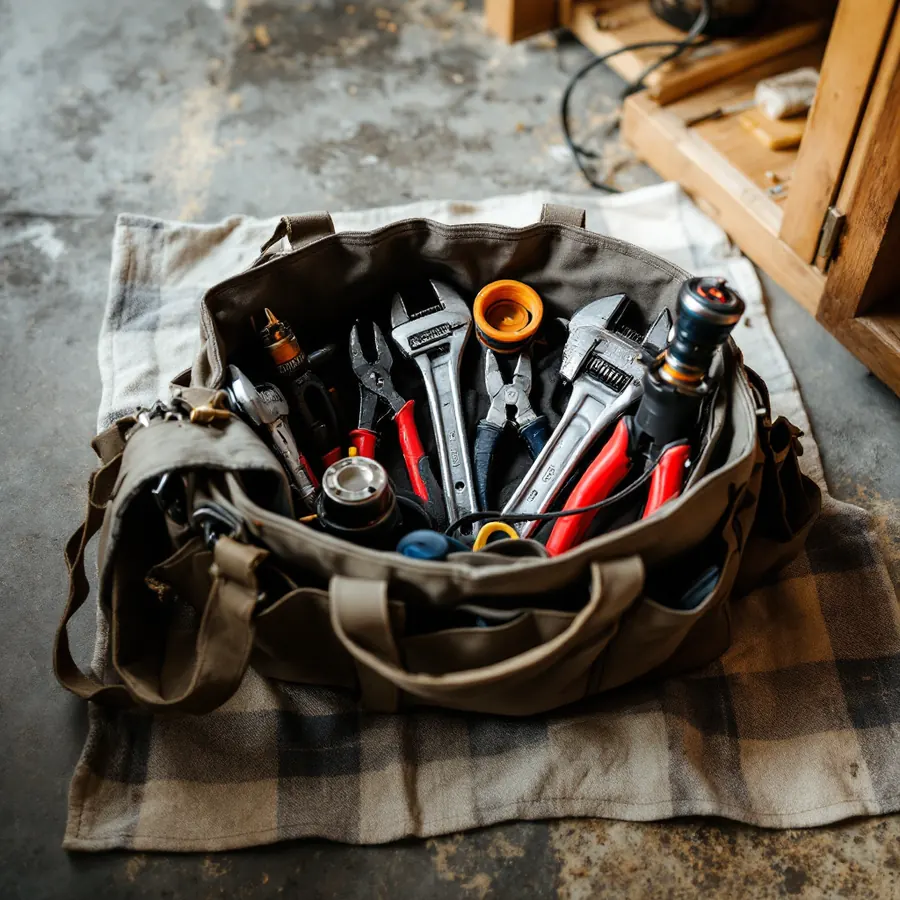 Open canvas tool bag on a floor holding pipe wrenches, pliers, a basin wrench and a small torch, a drop cloth beneath it