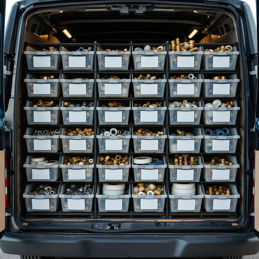 Rear of a work van with rows of clear plastic bins on shelves holding brass fittings, washers, valves and rolls of tape, blank labels on the bins