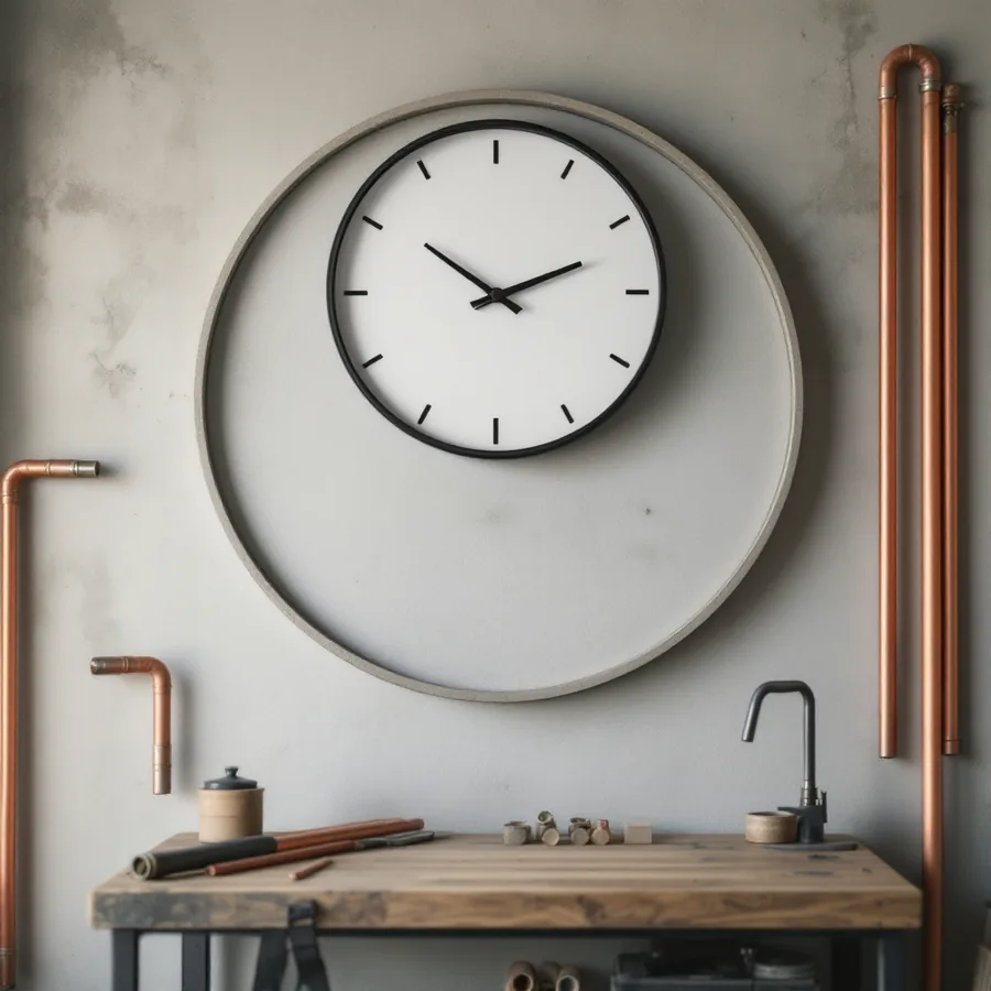 Plain round analogue wall clock with a blank unmarked face above a workbench with copper pipe stock leaning against the wall