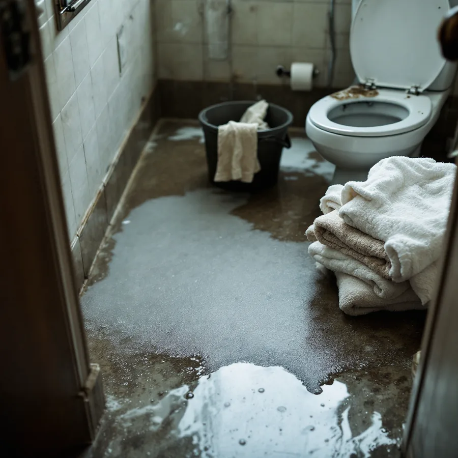 Bathroom floor with a shallow spread of water, a bucket with a cloth and a pile of wet towels at the base of a toilet