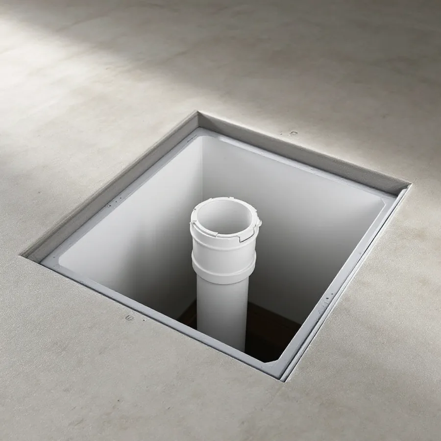 Rectangular access box set flush into a concrete basement floor with its lid removed, showing a white plastic pipe fitting inside