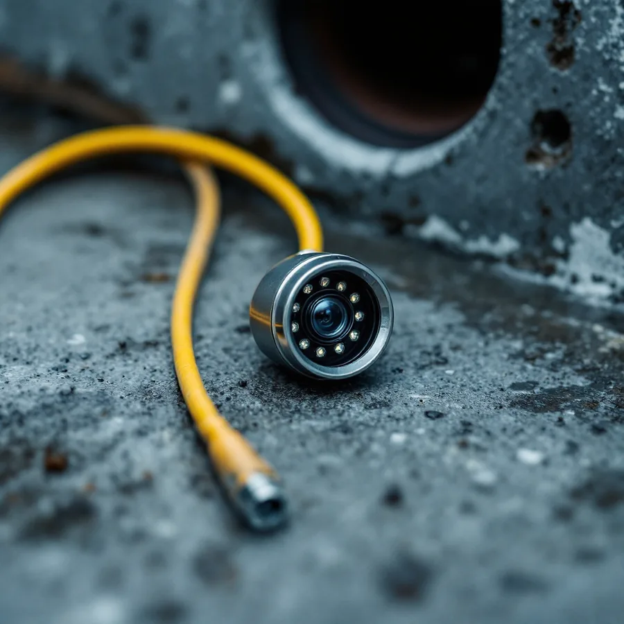 Small round steel camera head with a ring of tiny lights around a glass lens at the end of a thick yellow cable, lying on wet concrete beside an open pipe