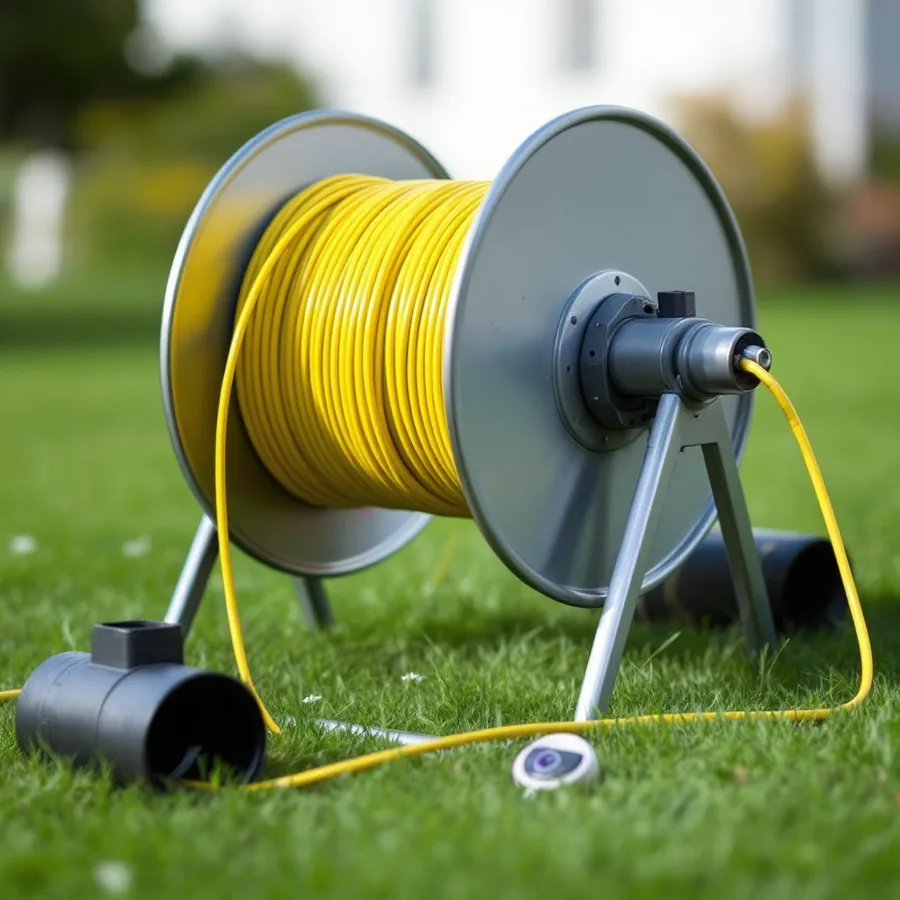Round grey metal reel on a folding stand on a lawn holding thick coiled yellow push cable, a small round camera head lying in the grass beside an open pipe