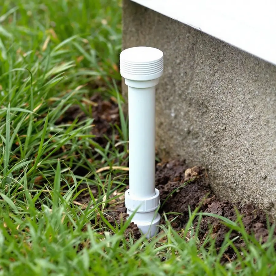 White plastic pipe rising a few inches out of a lawn beside a house foundation with a round threaded cap on top