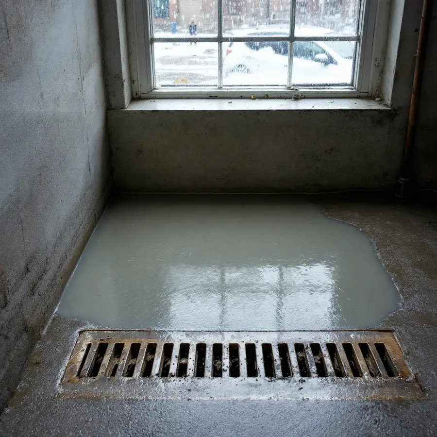 Square floor drain in a concrete basement floor with grey water risen above the grate and spreading across the floor, snow and rain visible through a small window above