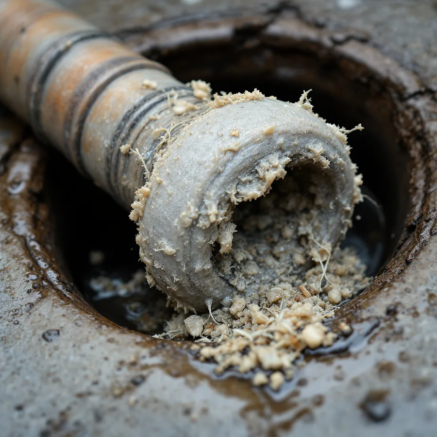 Thick grey-white plug of hardened grease and fibrous debris pulled from a drain pipe and lying on wet concrete beside an open cleanout
